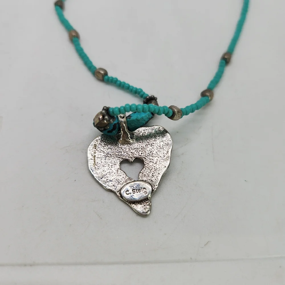 Vintage C Stein Heart W Stamped Cross Pendant Turquoise Bead Necklace Southwest - Picture 3 of 6